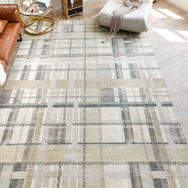 NELE Machine Washable Modern Lattice Area Rug Ivory/Beige/Gray